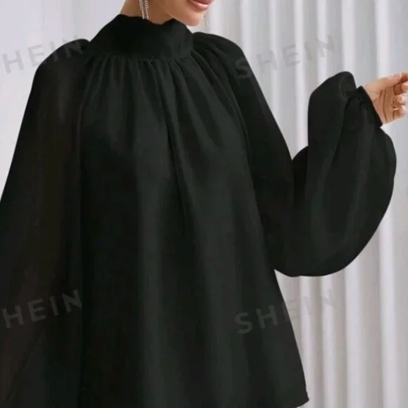 SHEIN Prive` Women's Stand Collar Raglan Lantern Sleeve Shirt - Picture 6 of 7